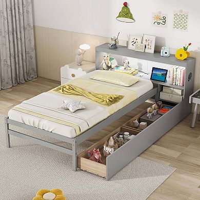 Costway Twin Size Bed Frame with LED Light & Power Outlet Bookcase Headboard Drawers