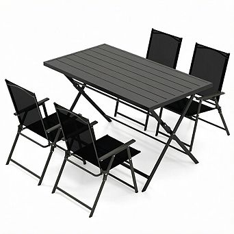Costway 5 pc Foldable Outdoor Dining Set,Large Rectangular Metal Table 4 Mesh Armchairs