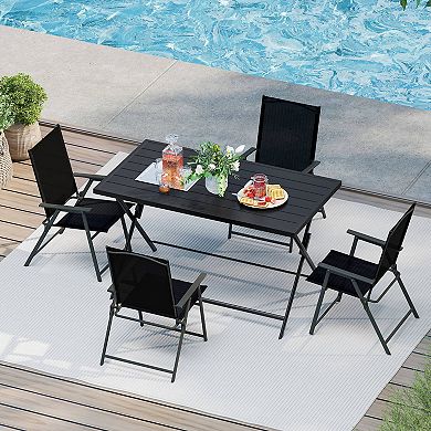 Costway 5 PCS Foldable Outdoor Dining Set,Large Rectangular Metal Table 4 Mesh Armchairs
