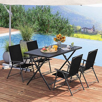 Costway 5 PCS Foldable Outdoor Dining Set,Large Rectangular Metal Table 4 Mesh Armchairs