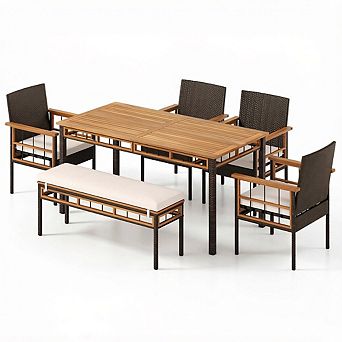 Costway 6 pc Acacia Wood Table Backless Bench 4 Armchairs with 1.97” Umbrella Hole Cushion