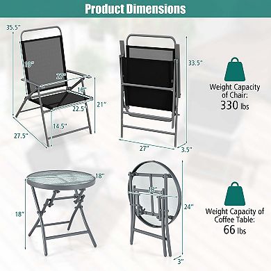 Costway 3pcs Patio Folding Table Chair Set Extra-Large Seat Metal Frame Portable Outdoor