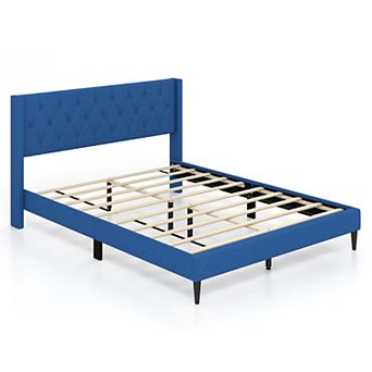 Costway Queen Size Upholstered Platform Bed with Button Tufted Wingback Headboard