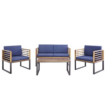 Costway 4 pc Patio Acacia Wood Chair Table Loveseat Cushioned Furniture Set Outdoor