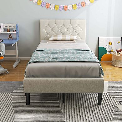 Costway Upholstered Platform Bed Twin Size Button Tufted Headboard Wooden Slats Support