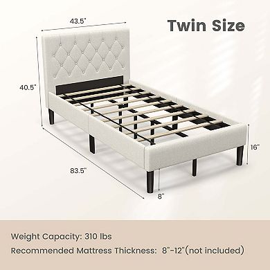 Costway Upholstered Platform Bed Twin Size Button Tufted Headboard Wooden Slats Support