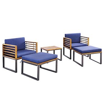 Costway 5 pc Patio Acacia Wood Cushioned Chair Ottoman Table Furniture Set Outdoor