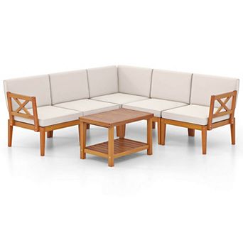 Costway 6 pc Acacia Wood Patio Furniture Set with Cushions and 2 tier Coffee Table