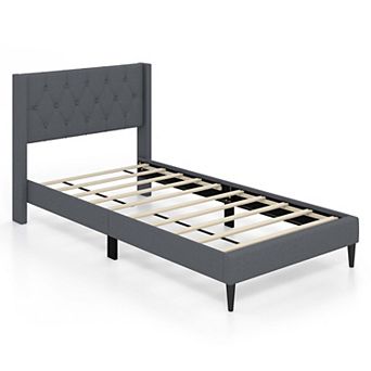 Costway Twin Size Upholstered Platform Bed with Button Tufted Wingback Headboard