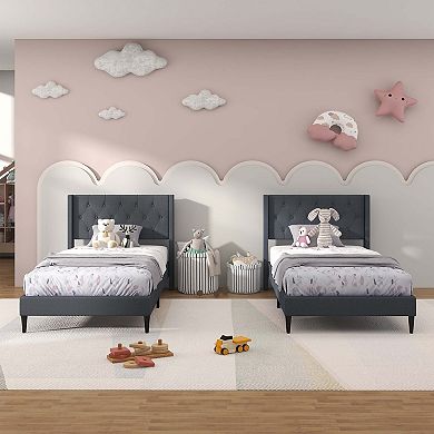 Costway Twin Size Upholstered Platform Bed with Button Tufted Wingback Headboard