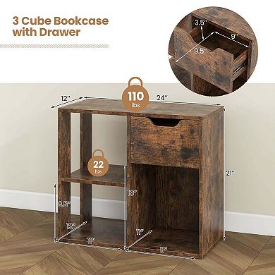 Costway 3-Cube Bookshelf 2-Tier Open Shelf Bookcase with Drawer Home Storage Organizer