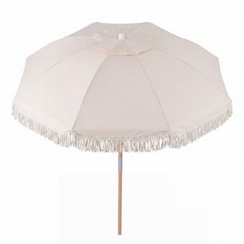 Costway 6 FT Patio Umbrella with Fringe, Push Button Tilt, 8 Sturdy Ribs, Wood Pole
