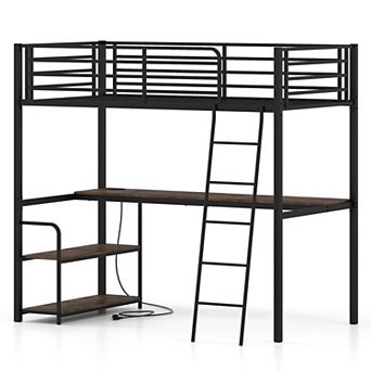 Costway Twin Loft Bed with Desk & Shelves, Heavy Duty Bed Frame with Charging Station
