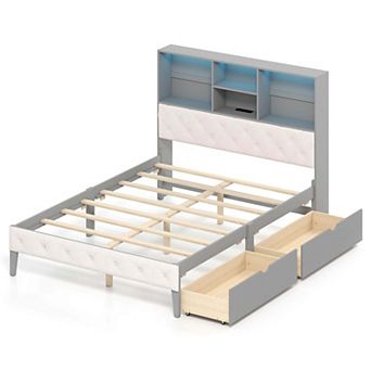 Costway Full Size Bed Frame with Bookcase Headboard Storage Bed with LED Lights