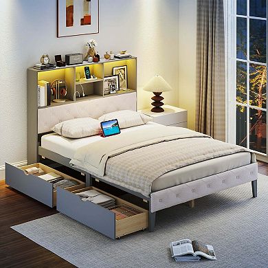 Costway Full Size Bed Frame with Bookcase Headboard Storage Bed with LED Lights