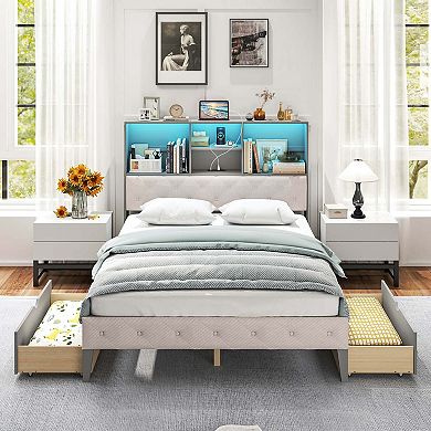 Costway Full Size Bed Frame with Bookcase Headboard Storage Bed with LED Lights