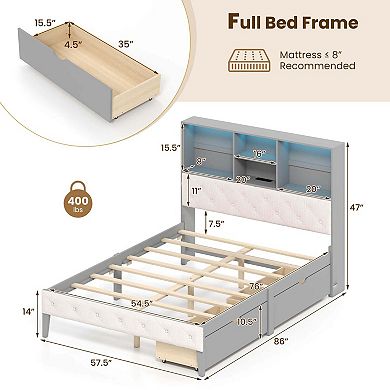 Costway Full Size Bed Frame with Bookcase Headboard Storage Bed with LED Lights