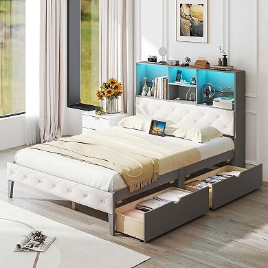 Costway Full Size Bed Frame with Bookcase Headboard Storage Bed with LED Lights