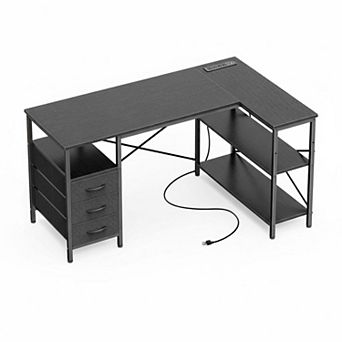 KAUFLY L-Shaped Office Desk with Power Outlets,3 Drawers&Shelves,Reversible Gaming Workstation