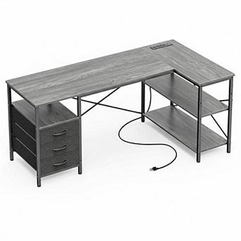 KAUFLY L-Shaped Office Desk with Power Outlets,3 Drawers&Shelves,Reversible Gaming Workstation