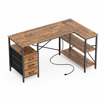 KAUFLY L-Shaped Office Desk with Power Outlets,3 Drawers&Shelves,Reversible Gaming Workstation