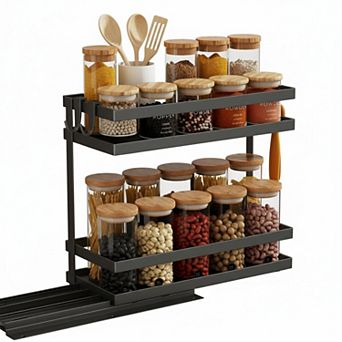 KAUFLY 2 tier Drill-Free Pull-Out Spice Rack Organizer for Kitchen Cabinet Storage