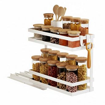 KAUFLY 2 tier Drill-Free Pull-Out Spice Rack Organizer for Kitchen Cabinet Storage