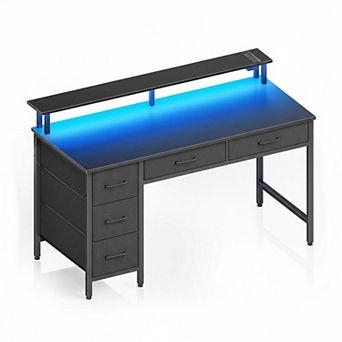 KAUFLY 39" Computer Desk with Power Outlets, LED Light & 5 Drawers for Home Office