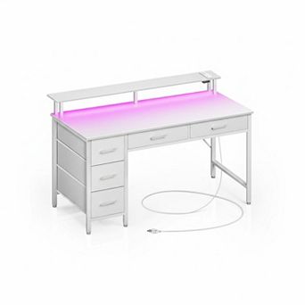 KAUFLY 39" Computer Desk with Power Outlets, LED Light & 5 Drawers for Home Office