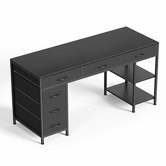 KAUFLY 6-Drawer Reversible Corner Computer Desk with Storage Shelves for Office & Gaming