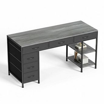 KAUFLY 6-Drawer Reversible Corner Computer Desk with Storage Shelves for Office & Gaming