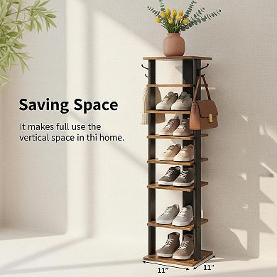 KAUFLY 8-Tier Narrow Wooden Shoe Rack with Hooks, Space-Saving