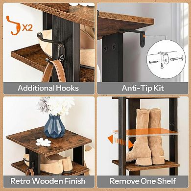 KAUFLY 8-Tier Narrow Wooden Shoe Rack with Hooks, Space-Saving