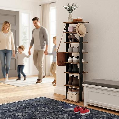 KAUFLY 8-Tier Narrow Wooden Shoe Rack with Hooks, Space-Saving