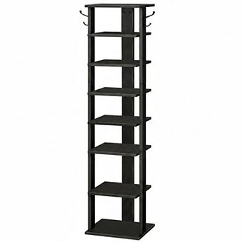 KAUFLY 8 tier Narrow Wooden Shoe Rack with Hooks, Space-Saving