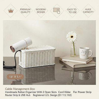 KAUFLY Cable Management Box Handmade Rattan Organizer 2 Slots Cord Hider for Power