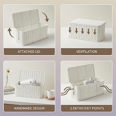 KAUFLY Cable Management Box Handmade Rattan Organizer 2 Slots Cord Hider for Power