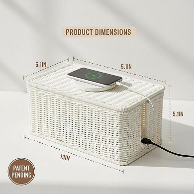 KAUFLY Cable Management Box Handmade Rattan Organizer 2 Slots Cord Hider for Power