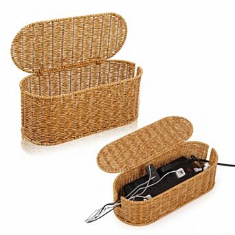 KAUFLY Cable Management Box Handmade Rattan Organizer 2 Slots Cord Hider for Power