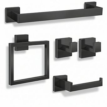 5 pc Bathroom Hardware Set Matte Black Stainless Steel Towel Bar Ring Toilet Paper Holder Hooks