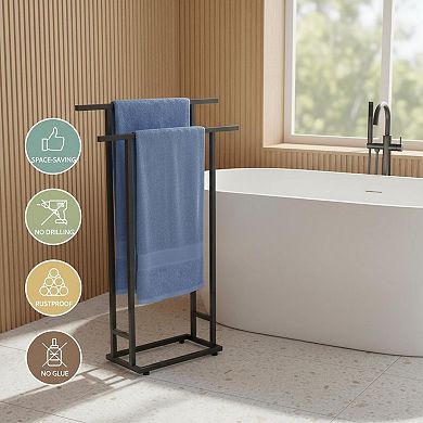 Black 2 Tier Freestanding Towel Rack Tall Wide Stable Rustproof for Bathroom Pool Outdoor