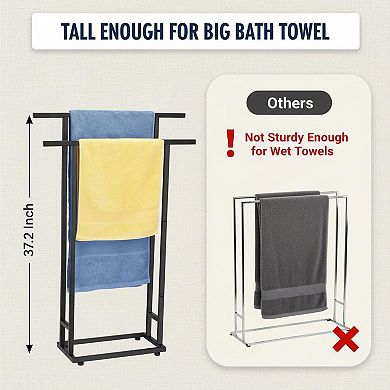 Black 2 Tier Freestanding Towel Rack Tall Wide Stable Rustproof for Bathroom Pool Outdoor