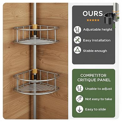 4-tier Adjustable Corner Shower Tension Pole Rust-resistant No-drill Organizer Shelves 47-121 Inch