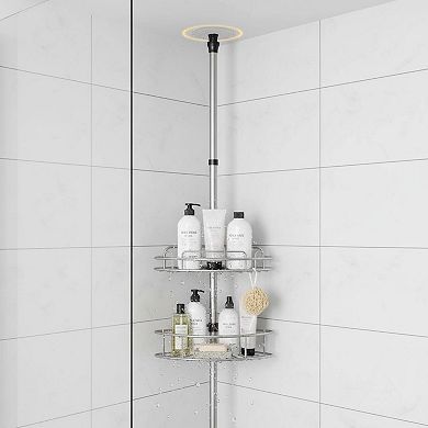 4-tier Adjustable Corner Shower Tension Pole Rust-resistant No-drill Organizer Shelves 47-121 Inch