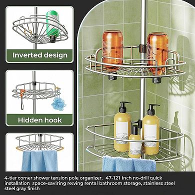 4-tier Adjustable Corner Shower Tension Pole Rust-resistant No-drill Organizer Shelves 47-121 Inch