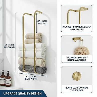 Brushed Stainless Steel Towel Rack Wall Mounted 2 Bars 2 Hooks Rustproof Bathroom Storage Organizer