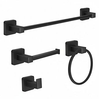 4 pc Bathroom Hardware Set Stainless Steel Matte Black Towel Bar Ring Robe Hook Toilet Paper