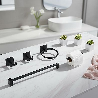 4 Piece Bathroom Hardware Set Stainless Steel Matte Black Towel Bar Ring Robe Hook Toilet Paper