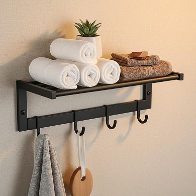 Wall Mounted Towel Rack with Metal Shelf 3 Hooks Bathroom Storage