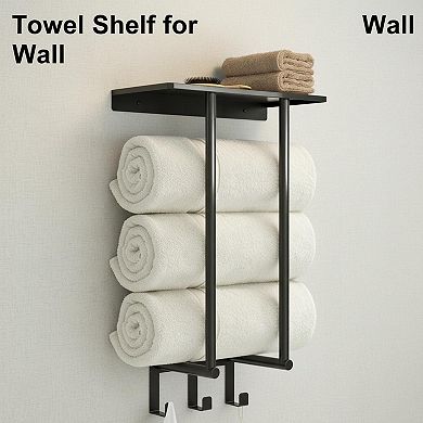 Wall Mounted Towel Rack with Metal Shelf 3 Hooks Bathroom Storage